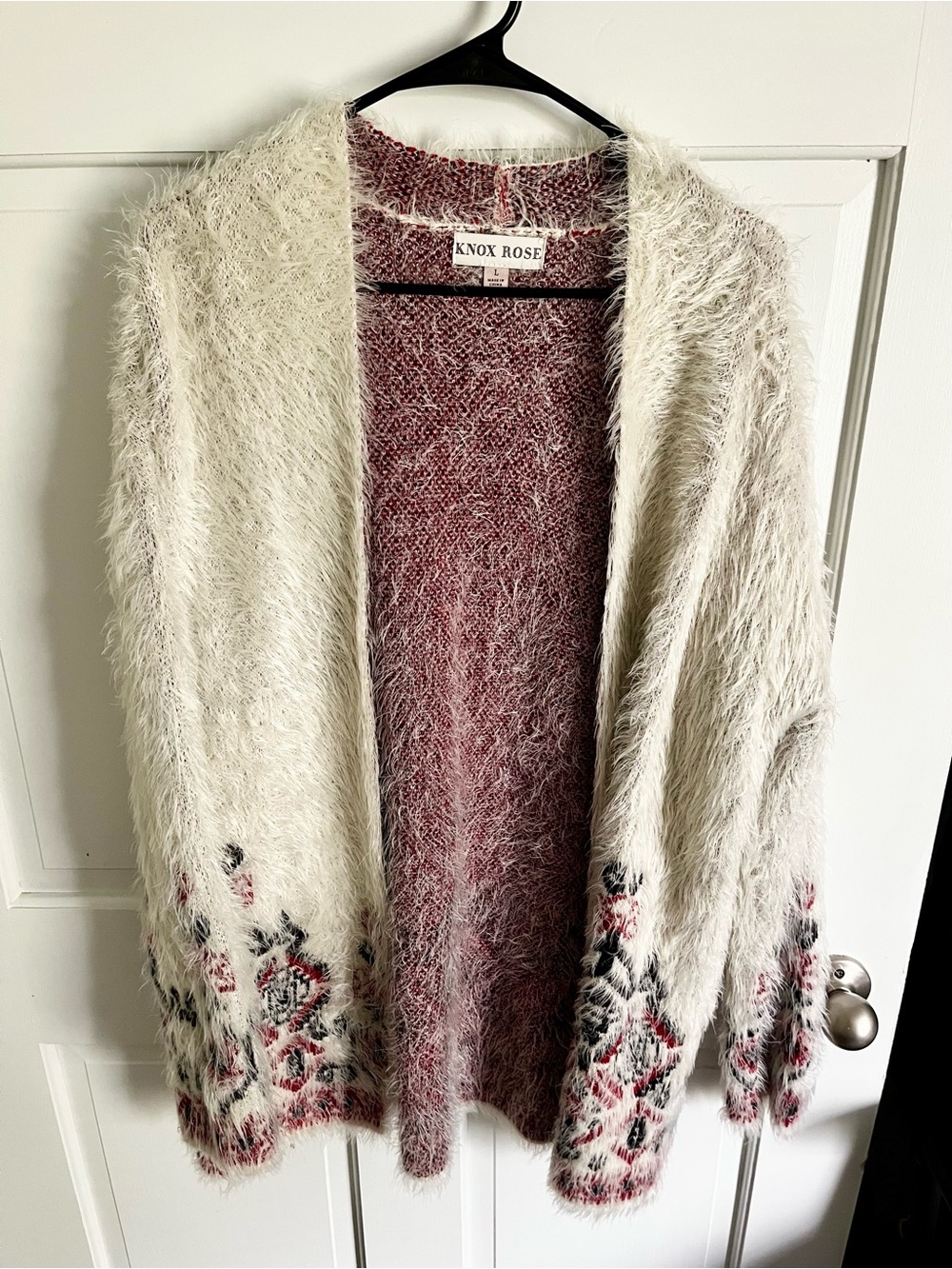 Knox Rose Cream & Mauve Fuzzy Decorative-Trim Open Cardigan